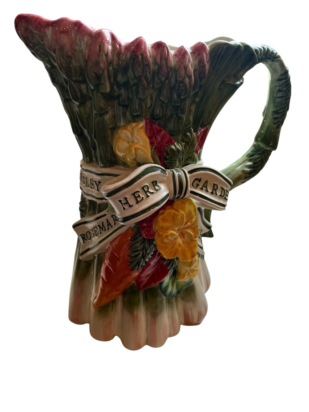 Fitz and Floyd Ceramic Herb Bundle Pitcher in Green, Pink and Yellow - Picture 2 of 9